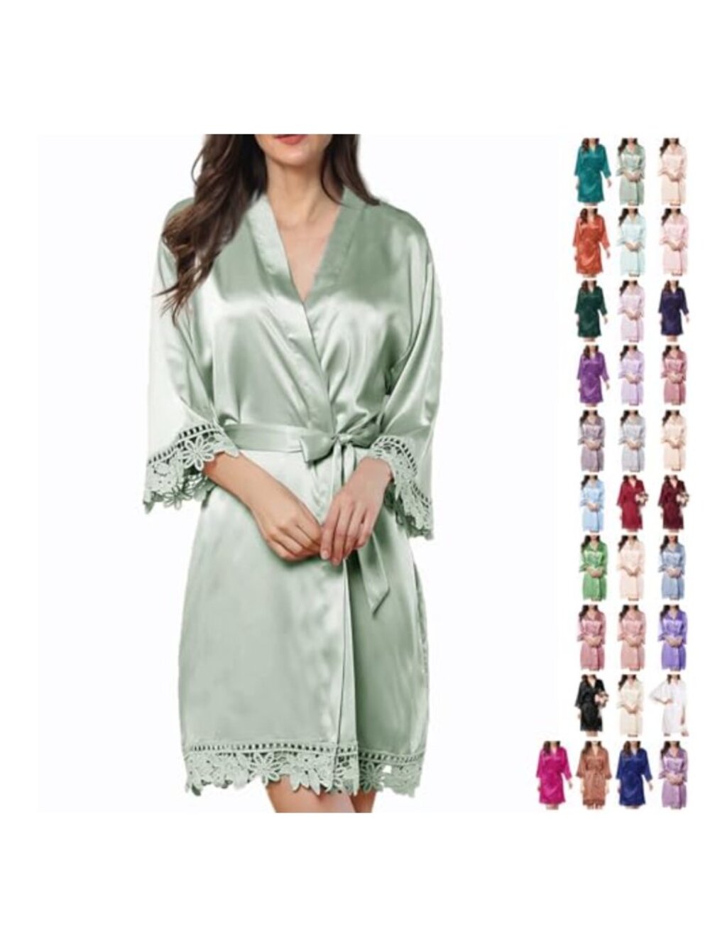 Silk Satin Kimono Robe Lace Trim 3/4 Sleeve Bridal Bridesmaid Sleepwear